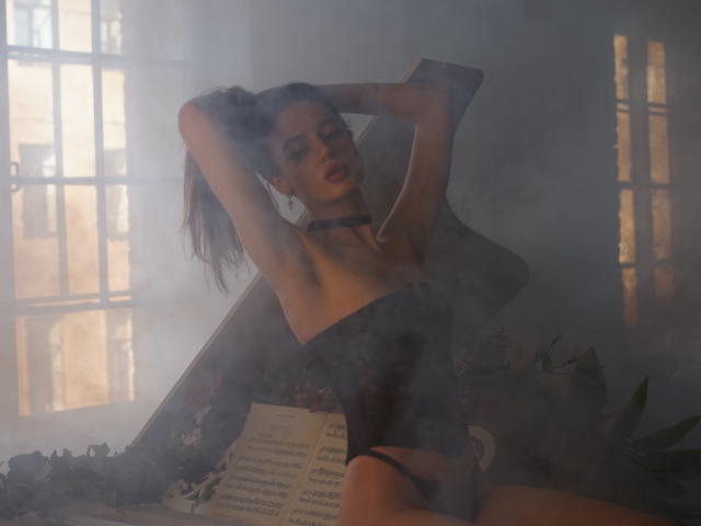Uma mulher, com os braços levantados, vestindo lingerie de renda preta, um colar e calcinha, sentada em um livro, cercada por fumaça, com uma expressão sedutora. Seus seios são pequenos e sua vulva mal visível..