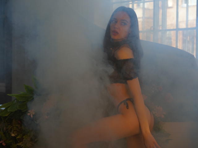 Uma mulher com cabelo escuro, olhos azuis e uma expressão de surpresa, vestindo uma blusa preta transparente e uma tanga cinza, sentada em um quarto cheio de fumaça com uma planta em vaso..