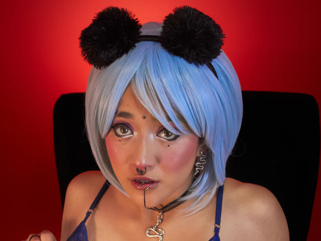 SalomePrince mit blauem Bob, schwarzen, pelzigen Ohren, Nasenring, Lippenpiercing und schwarzem Choker, die mit großen Augen starrt, roter Hintergrund, schwarzer Stuhl, trägt einen blauen BH und sieht sexy aus..