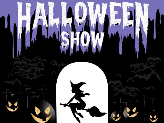 VioletMillerX, schwarze Silhouette einer Hexe, die auf einem Besen fliegt, mittig, umgeben von leuchtenden Kürbislampen, Fledermäusen, dunkel, unheimlich, Halloween-Motto..
