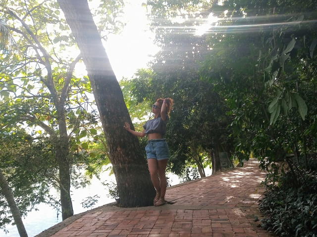 ElizaJones stands against a tree, hands on trunk, wearing a gray crop top and denim shorts, sunlight filtering through leaves, path with red bricks beneath her.