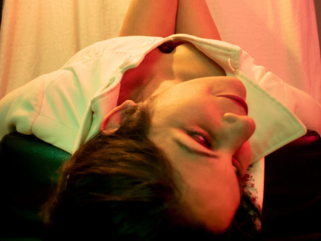Il viso di RoraimAnaggie è capovolto, indossa una camicia bianca, ha i capelli castani, una luce rossa e una superficie verde. Gli occhi di RoraimAnaggie sono socchiusi, mostrando un'espressione rilassata..