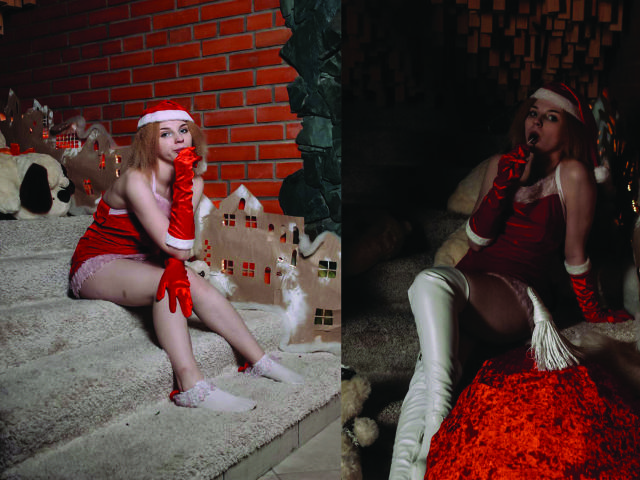 ScarletAmi in red Santa outfit, holding red glove, sitting on carpet, showing pale skin, blonde hair, small tits, pink panties, white socks, red and white Santa hat. Right: ScarletAmi, sitting, looking surprised.