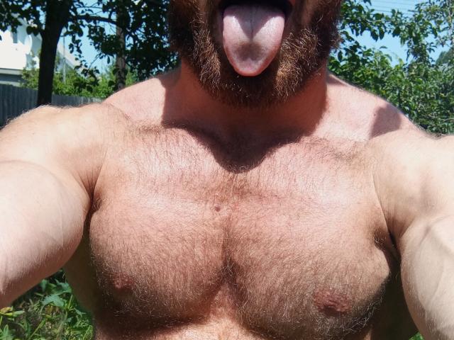 AlanStrongs, ohne Hemd, muskulös, behaarter Brustkorb, große Brustwarzen, brauner Bart, Zunge heraus, Sonnenlicht, im Freien, viel Grün, Oberkörper, Selfie, Tageslicht, Brusthaar, nackte Haut, Gesicht teilweise sichtbar..