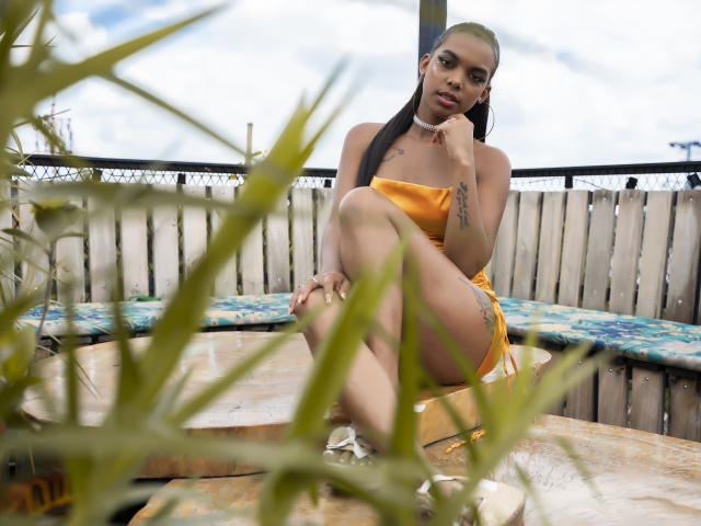 LeyahHill with dark skin and tattoos, sitting in a yellow dress, legs crossed, hand on chin, looking at camera, with plant in foreground, on a wooden deck.