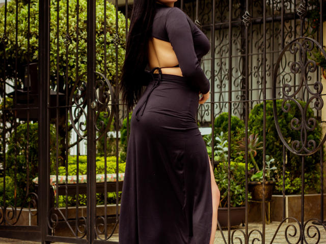 BrithneyLee, vêtue d'une robe noire fendue sur le côté, laissant apparaître son dos et ses fesses nus, se tient devant une grille métallique, ses longs cheveux noirs flottant au vent..
