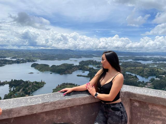 EvaBrown with long black hair, wearing a black crop top and high-waisted jeans, leans on a concrete wall, looking at a scenic landscape with lakes and green islands.