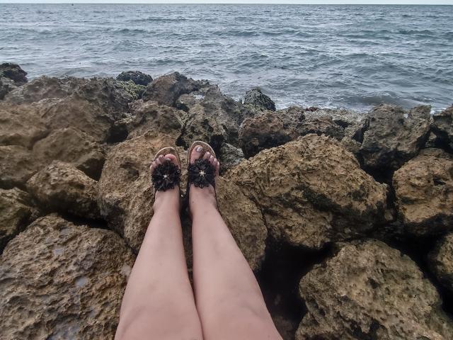 ScarlettBigAss's legs are on rocky shore, wearing flip-flops with black seaweed, facing ocean. Her pale skin contrasts with brown rocks and blue water.