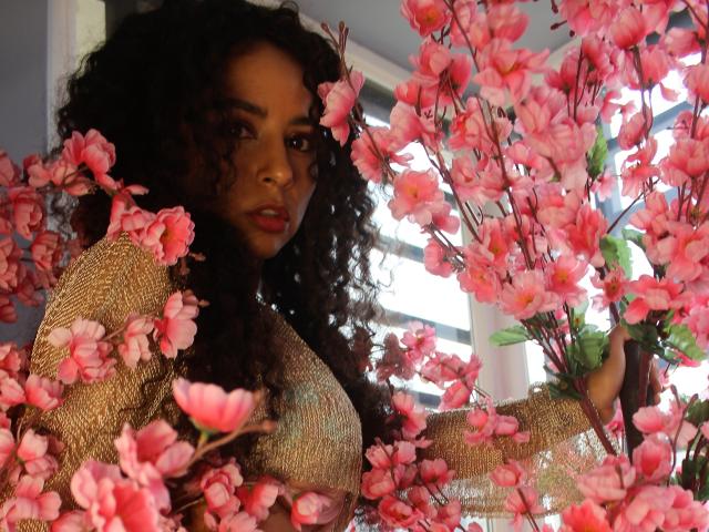 SexyKonnyX com cabelo cacheado e escuro, vestindo uma blusa de malha dourada, cercada por flores de cerejeira rosa, segurando um galho, olhando sedutivamente para a câmera, com luz solar forte ao fundo..