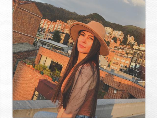 Alison Meyer, com cabelos castanhos longos, usando um chapéu bege e uma blusa cinza, olhando por cima do ombro, em pé em um telhado, a luz do sol destacando seu rosto e chapéu..