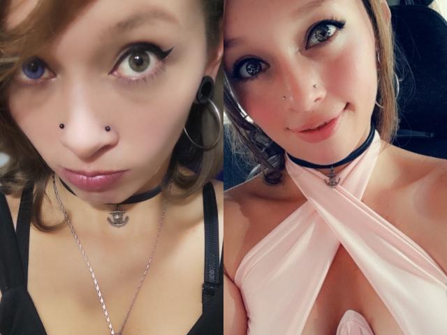 GoddessLufe tiene piel clara, ojos marrones y un piercing en la nariz en ambas imágenes. Lleva un collar negro y un vestido rosa con un corte pronunciado en el escote. Se ven los senos..