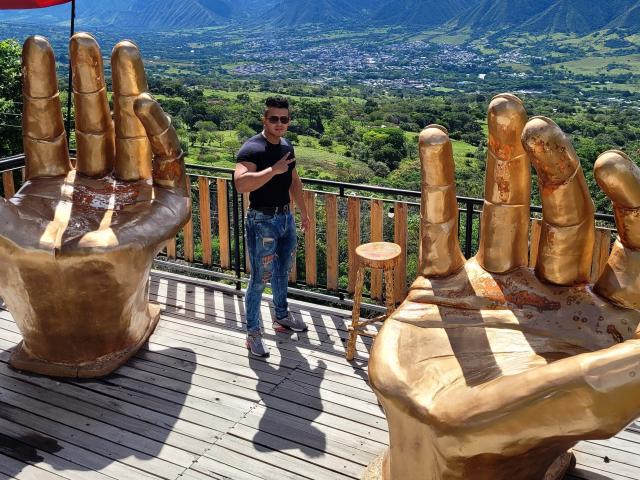 AngelLin with a muscular build, wearing a black shirt and ripped jeans, standing between two giant golden hands on a wooden deck, holding a phone, wearing sunglasses.