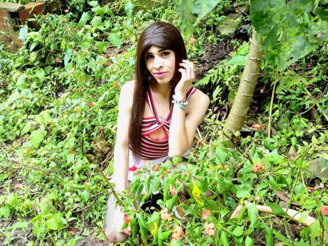 Catalina Castro, avec de longs cheveux bruns, du rouge à lèvres rose, un haut rayé rouge et blanc, agenouillée dans un feuillage vert, touchant ses cheveux, portant des bas en résille, souriant légèrement, bras droit levé..