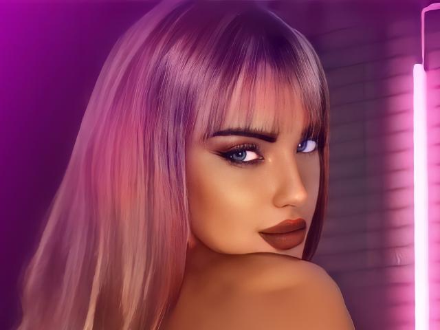 A AddictivCAT tem cabelos rosa-roxos, olhos azuis e batom marrom, olhando por cima do ombro com um olhar sedutor, uma luz rosa neon à direita, pele lisa e franja..