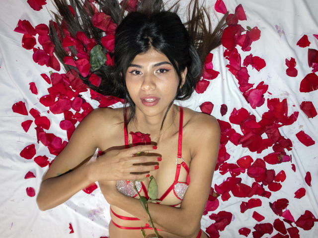 SamyNicols liegt auf einem weißen Bett, trägt rote Dessous, Rosenblätter liegen um sie herum, sie hält eine Rose, hat roten Nagellack, braune Augen, einen hellen Hautton, dunkles Haar, kleine Brüste, blickt in die Kamera und hält ihre Hände vor der Brust..