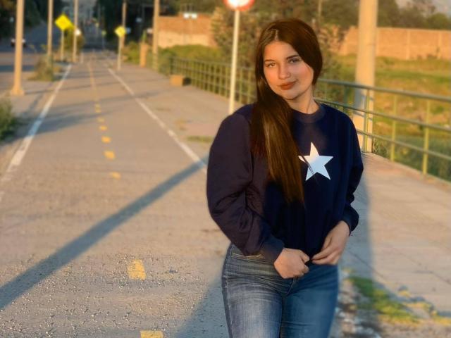 HelenTay, com cabelos castanhos longos, vestindo um moletom azul marinho escuro com uma estrela branca, calças jeans azuis, em pé em uma estrada vazia, com as mãos na frente, um leve sorriso, pôr do sol, sombra no asfalto..