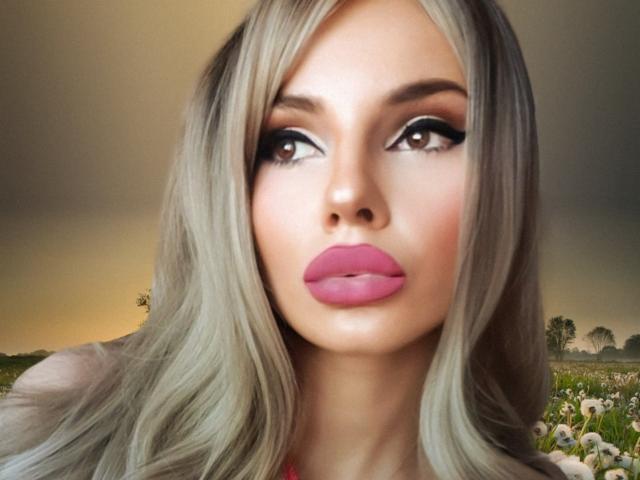GoddessKaterina has platinum blonde hair, pink lipstick, and dramatic eyeliner, staring with wide eyes, looking super hot and sexy with her full lips and flawless makeup.