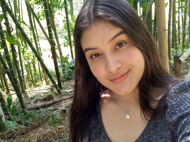 VictoriaFer69, com cabelos castanhos longos, pele clara, olhos castanhos, um leve sorriso, vestindo uma blusa azul de tricô, um colar de prata, em pé em uma floresta de bambu..