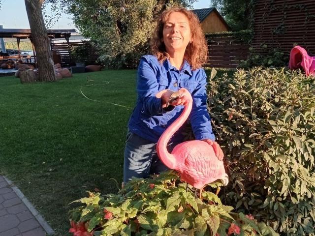 GrostFlow with red hair, blue shirt, and gray pants holds pink flamingo statue over green bush with red flowers. Sunlight casts warm glow. GrostFlow smiling, grassy yard.