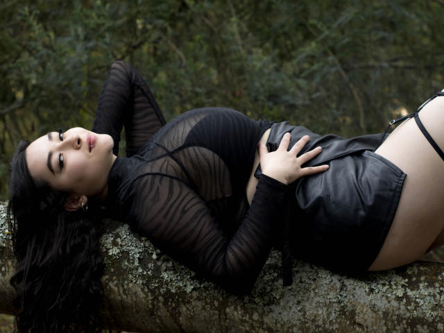 AntonnelaTyler liegt auf einem Baum, trägt ein durchsichtiges schwarzes Oberteil, schwarze Leder-Shorts und eine schwarze Halskette. Sie schaut in die Kamera und hat ihre Hand auf ihrer Brust..