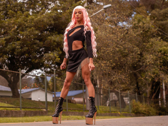 Alessandra Ferrer, com peruca rosa, vestido preto com recortes e botas de plataforma alta, está em pé do lado de fora, exibindo seus músculos abdominais definidos e suas nádegas grandes, em uma área ensolarada e arborizada..