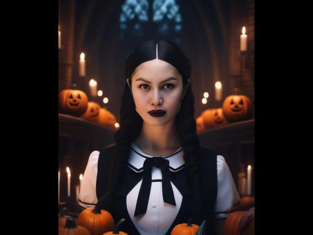 LaurentSuprema mit schwarzen Zöpfen, dunklem Lippenstift und einem Gothic-Kleid, hält Kürbisse, umgeben von Kerzen, in einem unheimlichen, schwach beleuchteten Raum. Die Brüste sind klein, die Brust ist flach..
