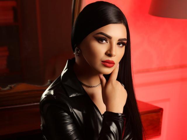 Devasha with long black hair, red lipstick, and black leather jacket, touching her face, looking seductive, wearing a silver chain necklace, red-lit room.