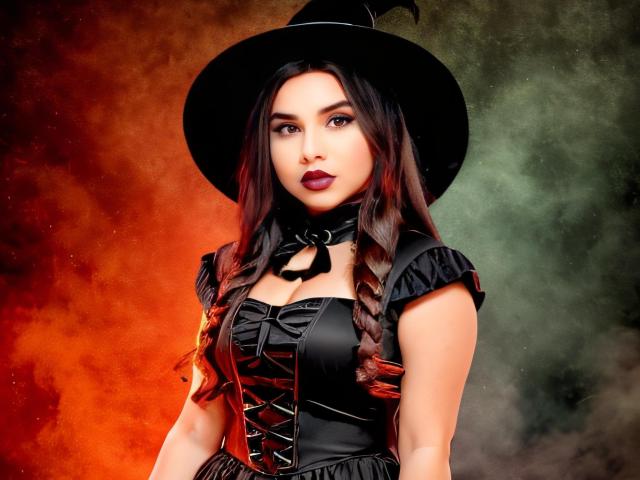 CamilaFetishDirty with long brown hair, dark red lipstick, black witch hat, and tight black corset, highlighting her tits and small waist, against a smoky green and orange backdrop.