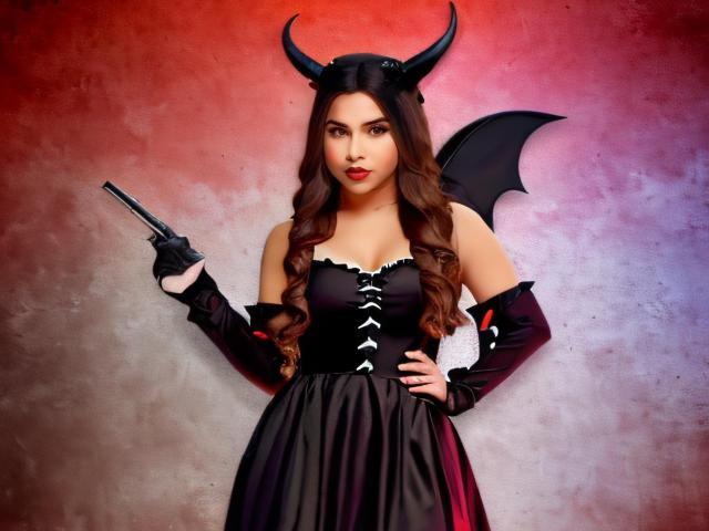 CamilaFetishDirty with devil horns, bat wings, holding a gun, wearing a black dress with corset, long gloves, and red lipstick, has wavy brown hair and a sexy look.