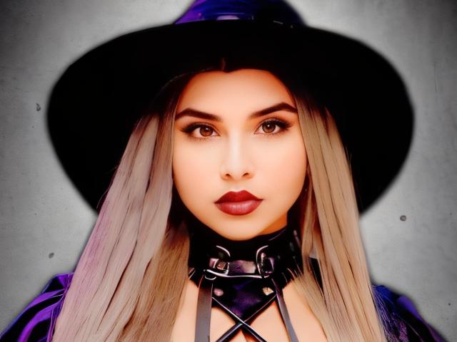 CamilaFetishDirty has long blonde hair, dark red lipstick, and a black witch hat with a shiny leather collar, brown eyes looking forward, and a purple outfit.