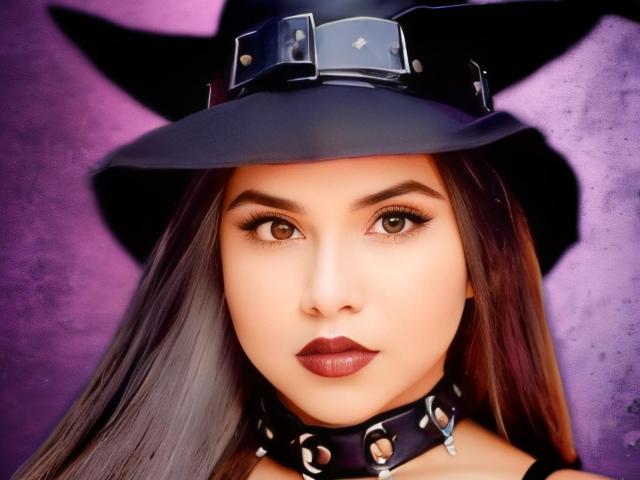 CamilaFetishDirty has long brown hair, brown eyes, dark red lipstick, a black witch hat with a buckle, and a black leather choker with metal rings.