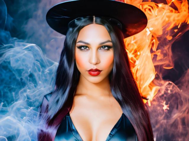 SakuraRiver, con lunghi capelli neri, indossa un cappello nero e una top in pelle con un profondo scollo a V, ha il rossetto rosso e gli occhi con ombretto scuro, ed è circondata da fiamme blu e arancioni. Il seno è visibile..