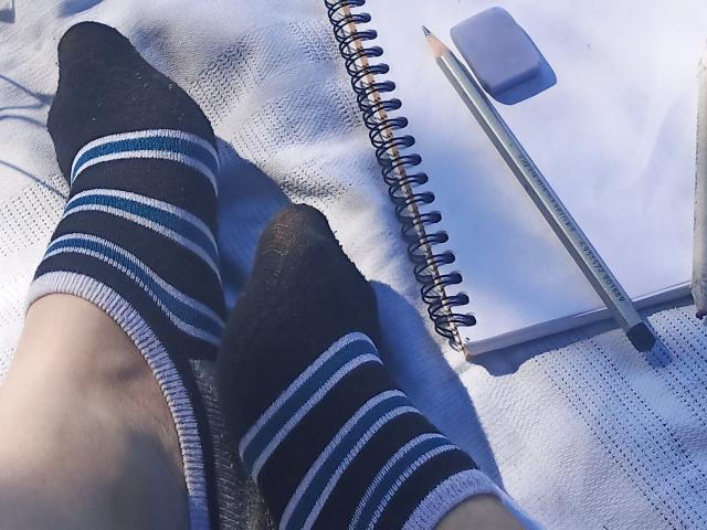 I piedi di Zanoza, con calze nere a righe bianche, sono poggiati su un panno bianco, insieme a un quaderno a spirale, una matita e una gomma. La luce del sole proietta ombre sulla pelle di Zanoza..
