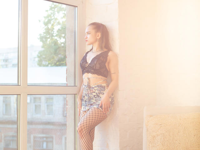 ProvocateurMur stands by a window, wearing a black lace top, floral shorts, and fishnet stockings, with her ass and tits slightly visible, sunlight glowing through the window.