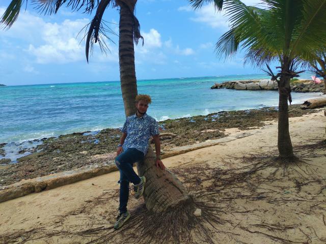 KalinDangerousCock with curly blond hair, wearing a blue patterned shirt and jeans, sits on a fallen coconut tree against a beach with clear blue water and palm trees.