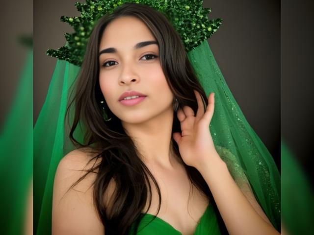 SarahyJhones with long brown hair, green dress, and green headpiece, looking at camera with pink lips, touching her hair, green eyes, fair skin, soft makeup, subtle smile.