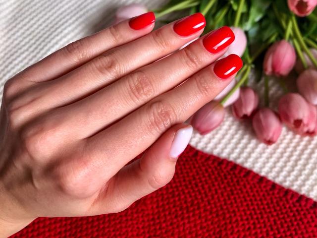 Karishs Hand mit glänzenden roten Nägeln, rosa und weiße Nägel an den anderen Fingern, ruht auf einem roten und weißen, strukturierten Stoff, im Hintergrund befinden sich rosa Tulpen..