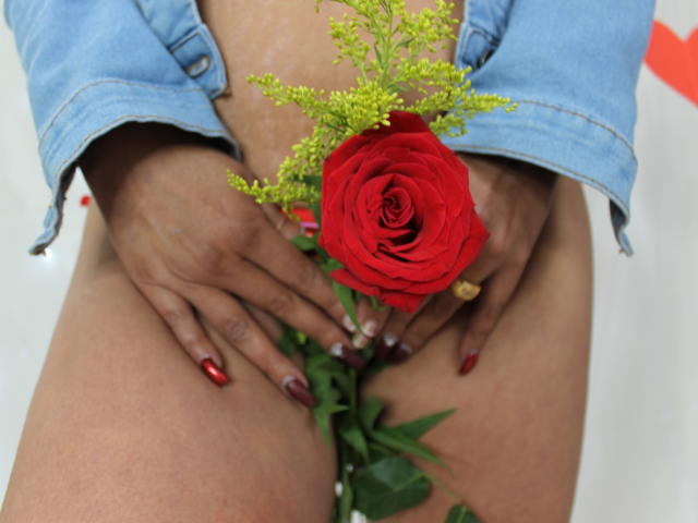 LailaCastillo's hands with red nails hold a red rose covering her pussy, wearing an unbuttoned blue denim jacket, showing her brown skin and green leaves.
