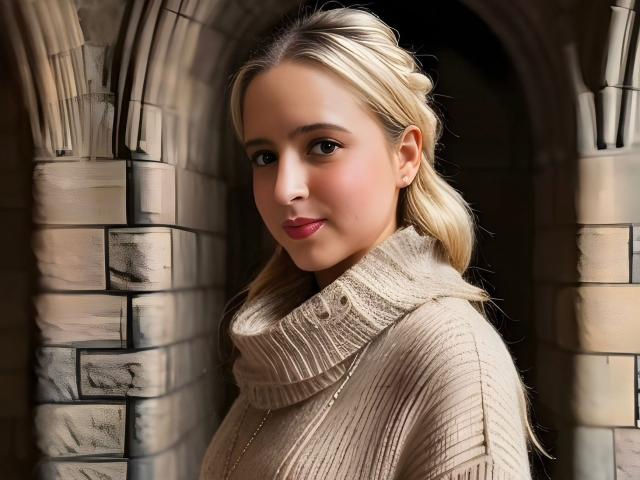 Emily Kane, avec ses cheveux blonds tressés, portant un pull en maille beige à col roulé, montrant son joli visage et ses lèvres roses, se tient devant des arches en pierre. Pas de seins visibles..