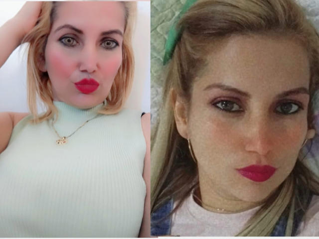GiuliaAddams ha il rossetto rosso, gli occhi verdi e i capelli biondi in entrambe le immagini. Indossa un top bianco senza maniche a collo alto a sinistra e una camicia blu a motivi a destra..