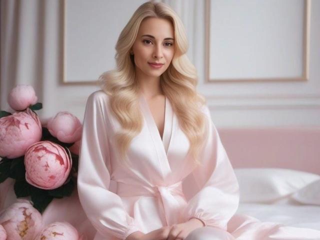 SheIohana, con cabello rubio, vestida con una bata de seda rosa, sentada en una cama con peonías rosas, sonriendo suavemente, mostrando ligeramente sus pechos debajo de la bata..