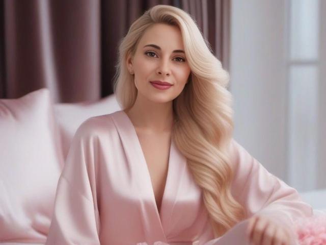 SheIohana hat blondes Haar, trägt einen rosa Seidenbademantel und sitzt auf einem Bett mit rosa Kissen. Sie lächelt sanft, und ihre Brüste sind leicht unter dem Bademantel sichtbar..