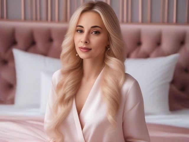 SheIohana has long, wavy blonde hair and is wearing a pink satin robe, looking at the camera with a slight smile. She has small tits and is in a bedroom.