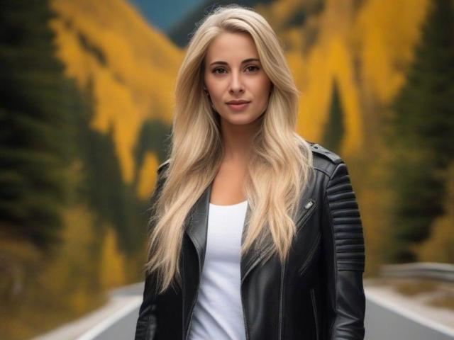 SheIohana with long blonde hair, wearing a black leather jacket over a white tank top, standing on a road with yellow and green mountains in the blurred background.