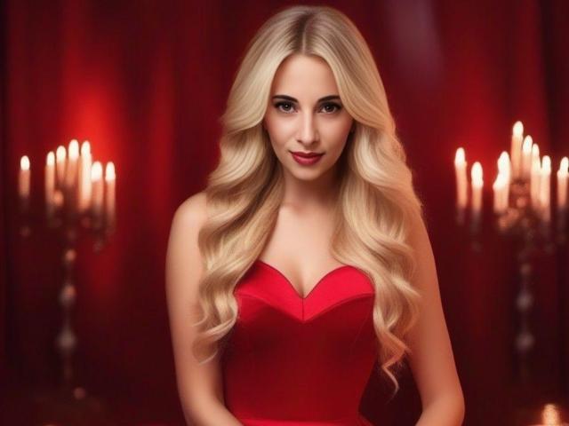 SheIohana has long, wavy blonde hair, wearing a red, strapless dress that accentuates her tits, standing in front of two candelabras with glowing candles.