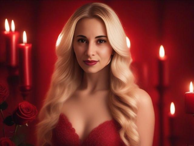 SheIohana with long blonde curls, red lipstick, and red lace bustier, surrounded by red candles and roses, looking sexy and confident. Boobs are visible, highlighted by the lace.