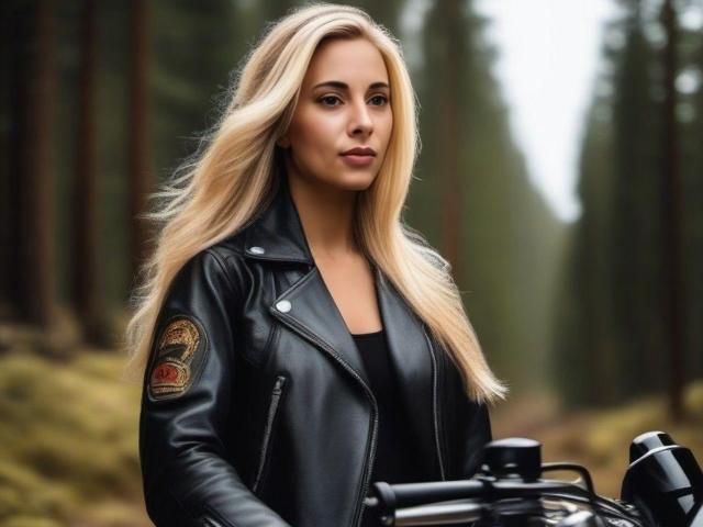 SheIohana has long blonde hair, wearing a black leather jacket with a patch, standing in front of a motorcycle, looking serious with a forest background.