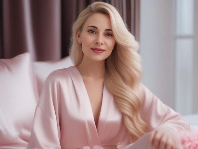 SheIohana with long blonde hair, wearing a pink satin robe, sitting on a bed, smiling, showing her tits, soft light, bedroom setting.