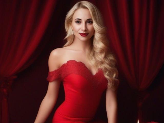 SheIohana has long, wavy blonde hair, wearing a red off-shoulder dress with lace, showcasing her tits, against a dark red curtain backdrop. She's smiling with red lipstick.