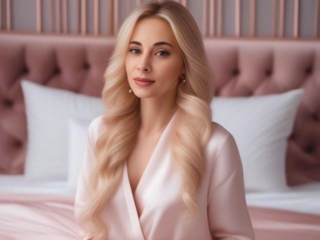 SheIohana with long, wavy blonde hair, pink satin robe, white pillows, and pink tufted headboard, smiling softly, showing subtle makeup and pink earrings.
